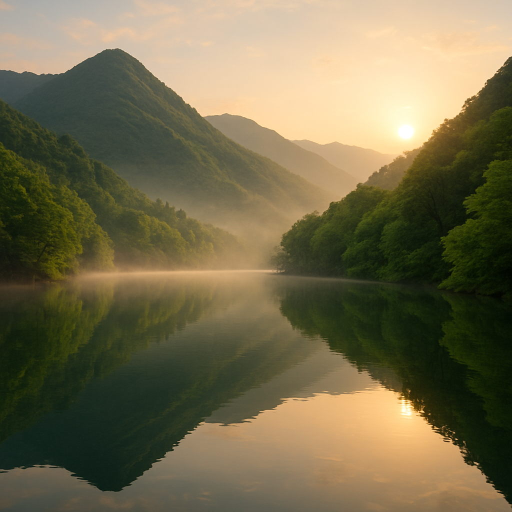 모래재캠핑장 주변 보광산과 저수지 자연 풍경